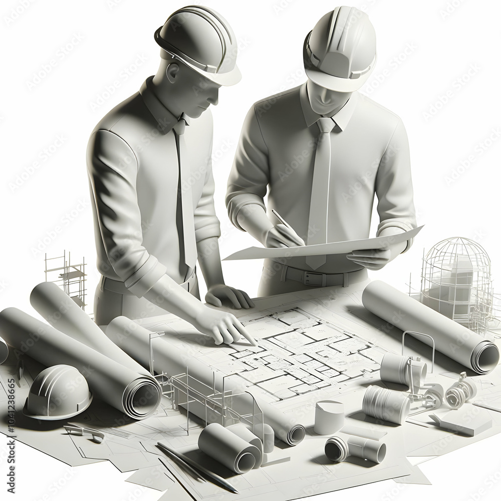 Poster candid shot 3d architects reviewing building plans on construction site discussing design interactio