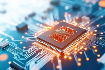 Close-up view of a circuit board featuring a detailed microchip with glowing connections and semiconductor technology.