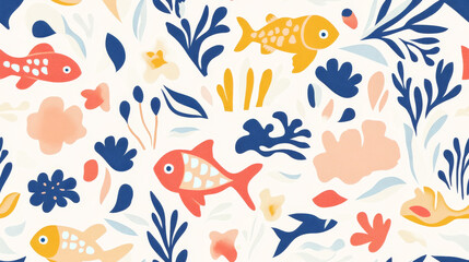Cotton fabric Seamless aquatic pattern with stylized colorful fish and plants