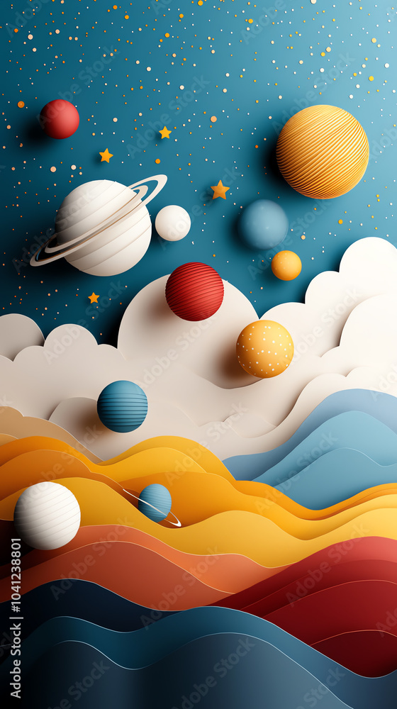 Poster exploring a colorful cosmic landscape a vibrant journey through abstract space with planets and wave