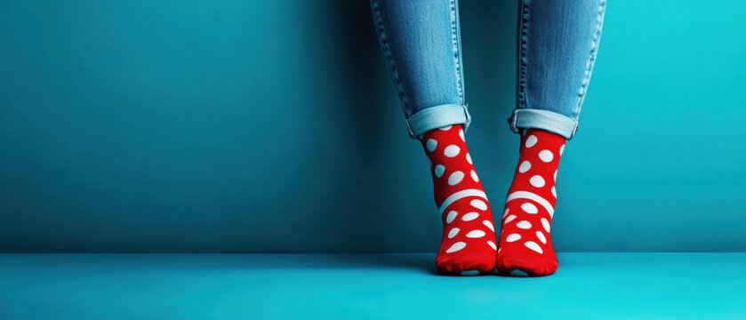 Colorful red polka dot socks worn with denim jeans, posed against a vibrant turquoise background, highlighting a playful fashion statement.