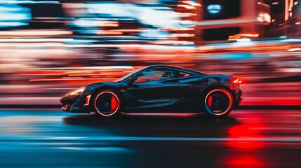 Black Sports Car Speeding Through City at Night