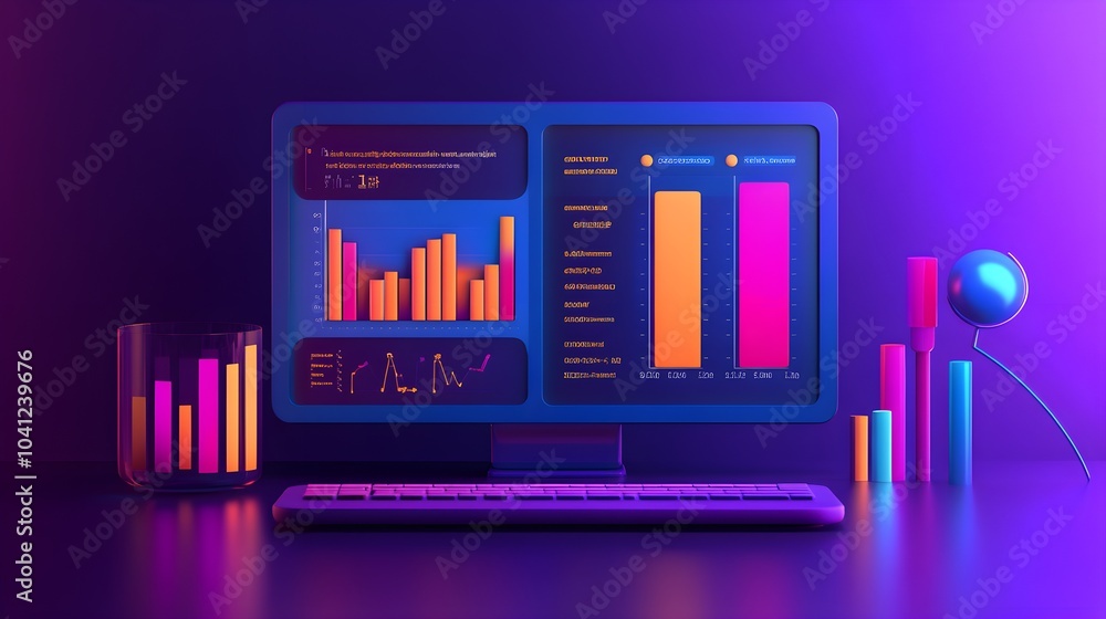 Poster 3d render of business charts and graphs on a computer screen with neon lights