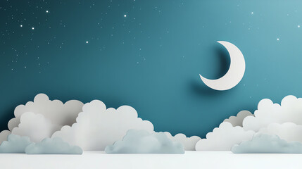 Fototapeta premium Dreamy night sky with clouds and crescent moon in a whimsical paper art style for tranquil vibes