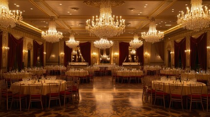 Opulent ballroom with dazzling crystal chandeliers, plush red velvet curtains, and ornate gold-framed mirrors, capturing grandeur and elegance