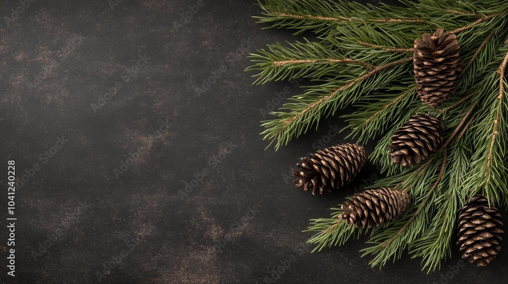 Poster a black background with a bunch of pine needles and pine cones. the pine needles are scattered all o