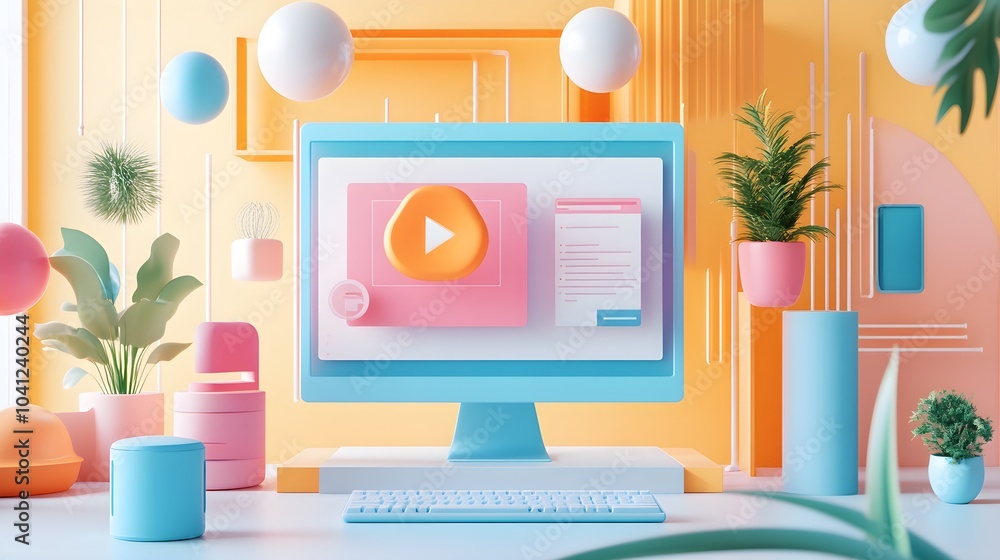 Poster colorful 3d computer with play button and geometric shapes