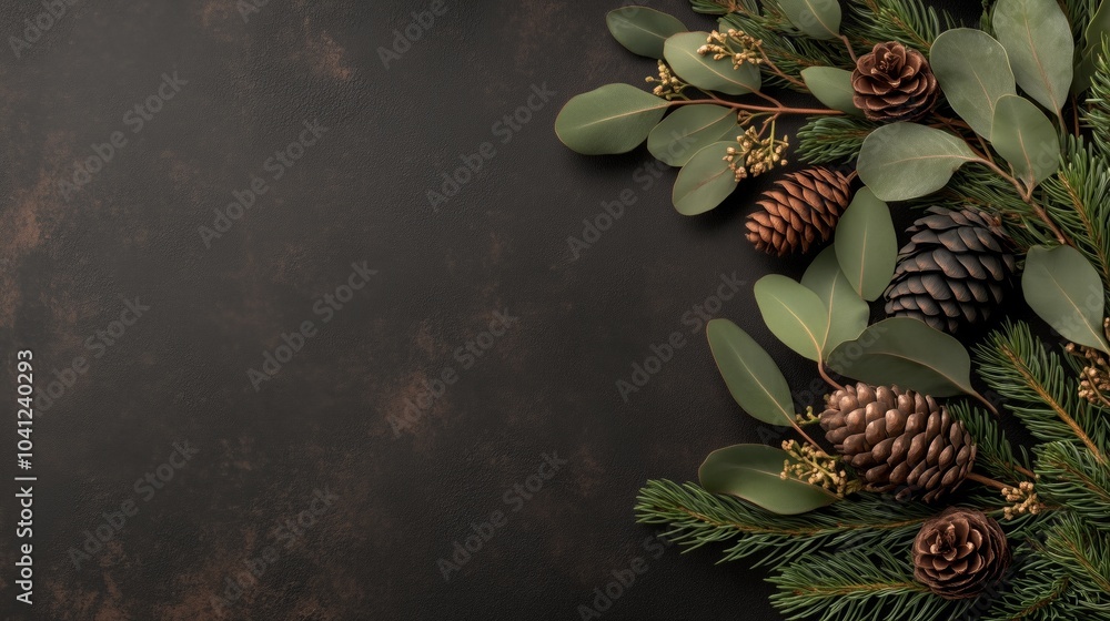 Poster a black background with a bunch of pine cones and leaves. the pine cones are in a row and the leaves