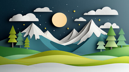 A serene paper-cut landscape featuring majestic mountains and lush greenery under a starry night sky