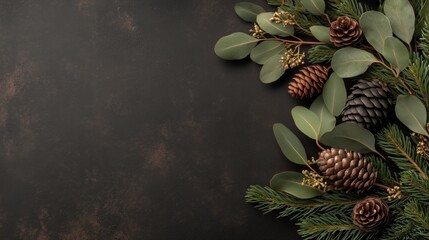 A black background with a bunch of pine cones and leaves. The pine cones are in a row and the leaves are scattered around them
