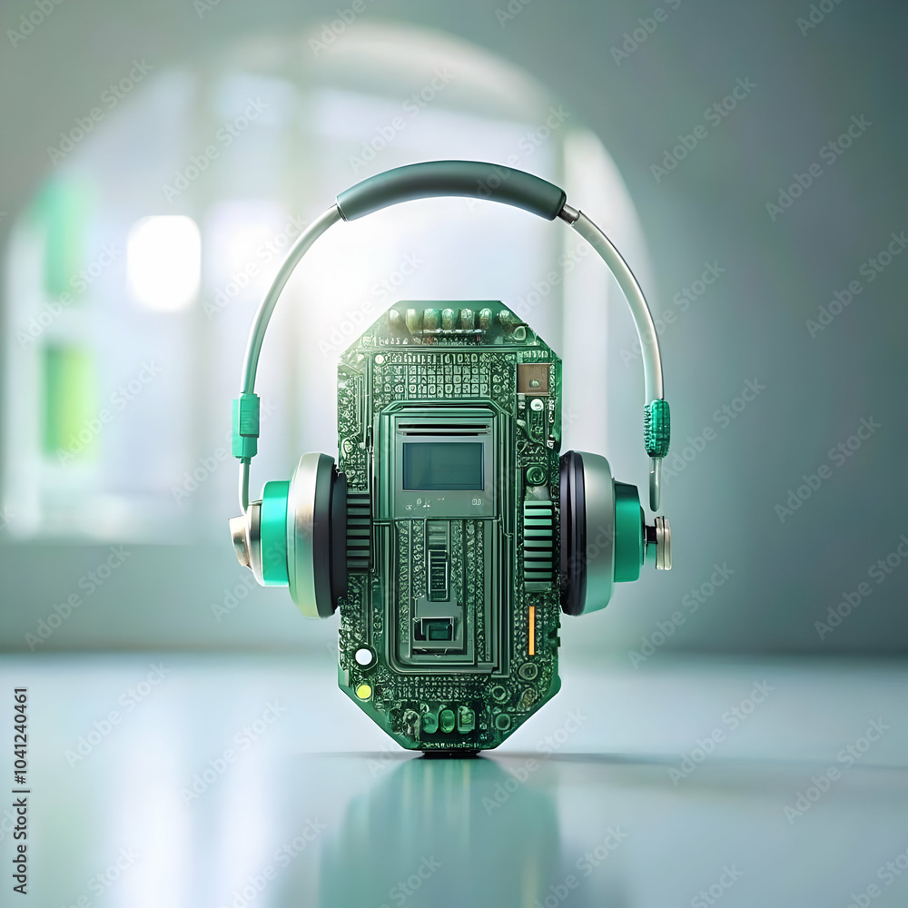 Poster circuit board headset macro photograph | ai customer service technology | close up image for copy sp