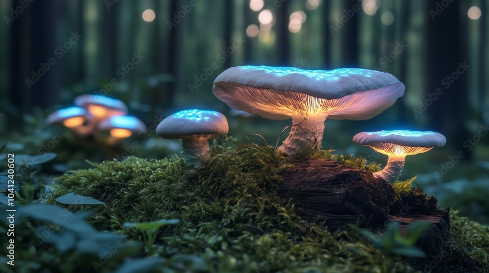 Poster a group of mushrooms are lit up in the dark. they are on a log and are surrounded by moss