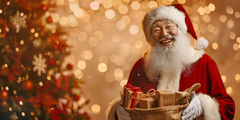 cheerful santa claus holding bag with gifts with copy space