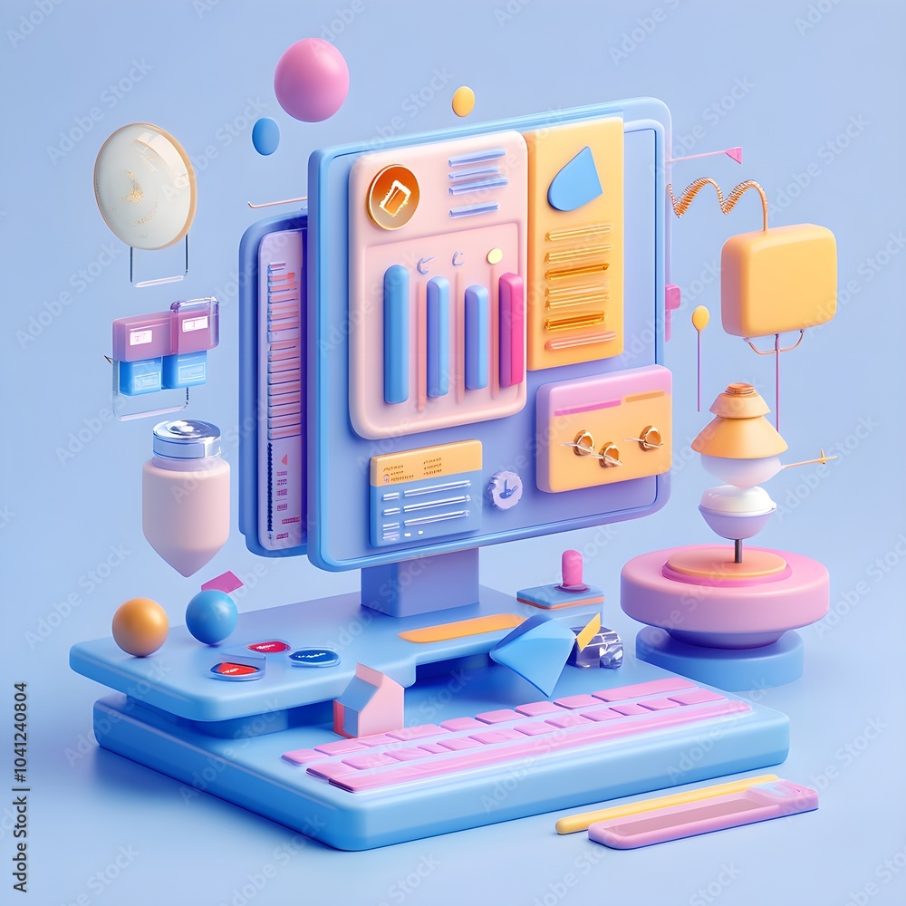 Poster 3d cartoon computer desktop with colorful charts buttons and gadgets