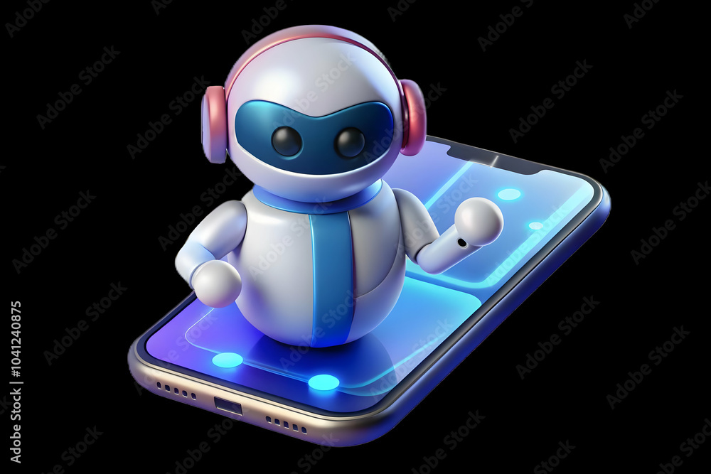 Poster glossy holographic ai assistant above smartphone image - mobile ai customer support concept with amp