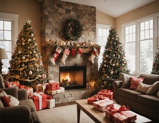 Cozy living room with a beautifully decorated Christmas tree beside a warm fireplace, adorned with lights and ornaments, creating a festive holiday atmosphere with gifts under the tree