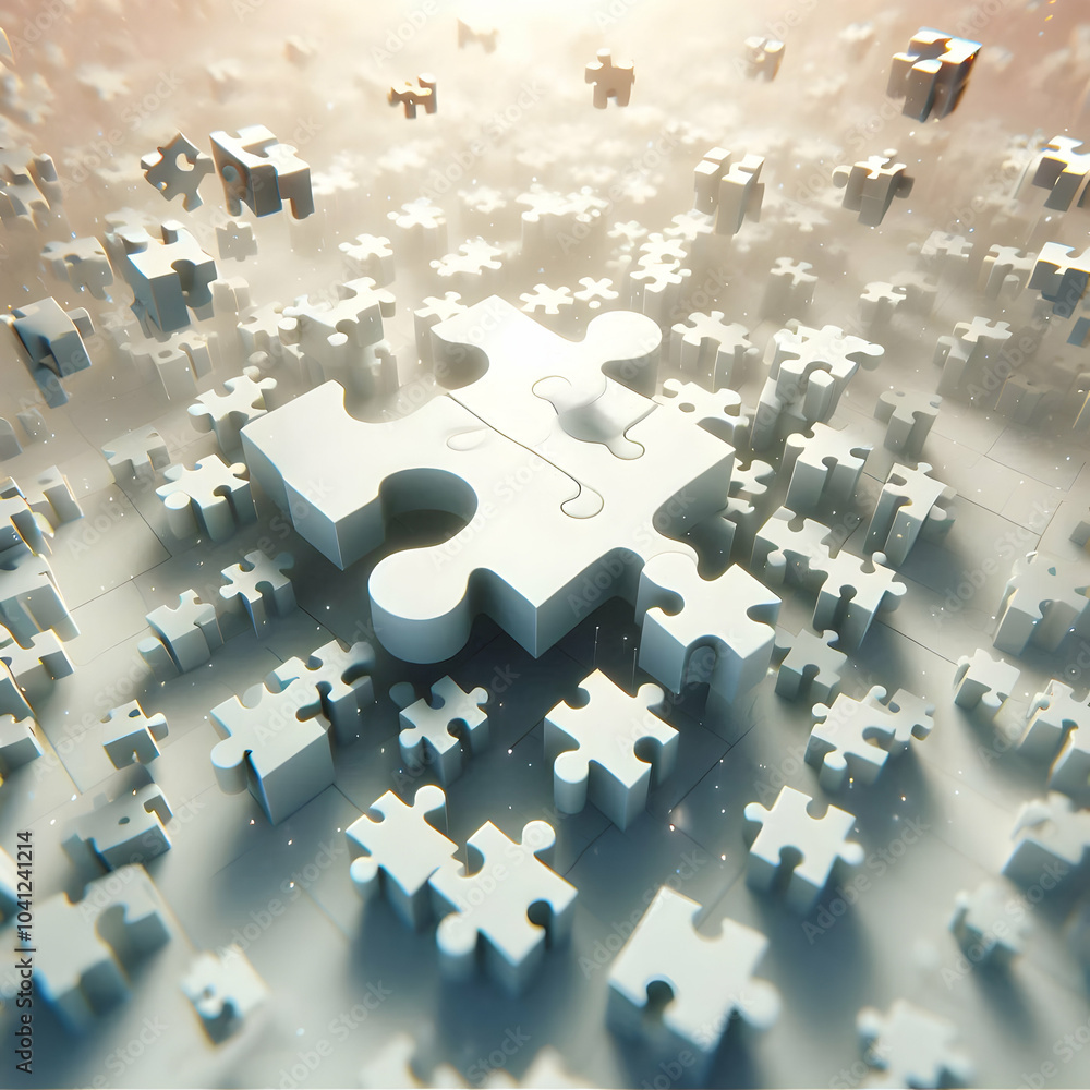 Poster 3d abstract puzzle pieces floating soft light aerial view jigsaw puzzle suspended ethereal light cam