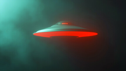 retro ufo flying saucer with red lights in foggy atmosphere