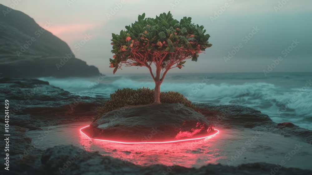 Poster a small tree is on a rock in the ocean. the rock is surrounded by water. the tree is surrounded by a
