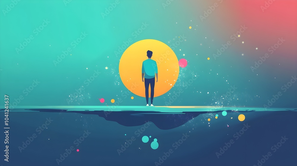 Poster man standing on platform with sun and abstract shapes in background
