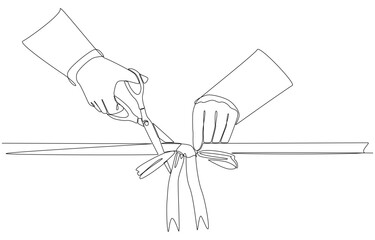 Continuous one line drawing of businessman cutting ribbon for grand opening, ribbon cutting ceremony for opening event or company concept, single line art.
