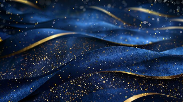 Blue background with golden lines, blue ribbon, glitter light effect and bokeh decoration. Luxury style design background