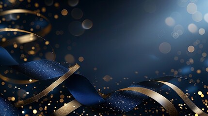 Blue background with golden lines, blue ribbon, glitter light effect and bokeh decoration. Luxury style design background