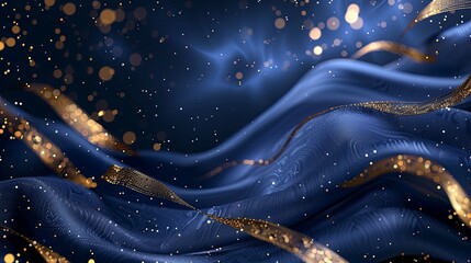 Blue background with golden lines, blue ribbon, glitter light effect and bokeh decoration. Luxury style design background