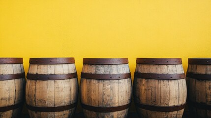 Fototapeta premium Several wooden barrels with distinctive wood patterns, lined up against a yellow backdrop.