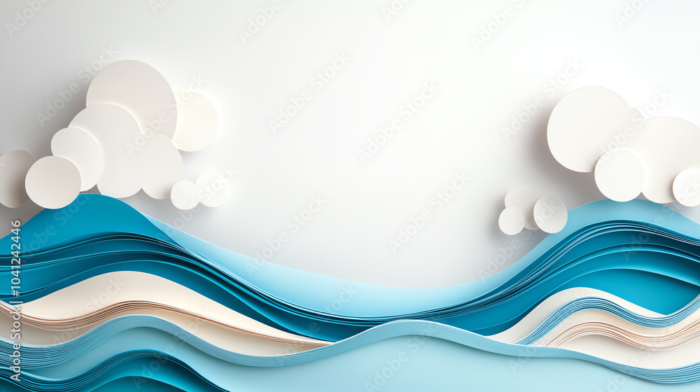 Poster serene ocean waves and soft clouds in a minimalist paper art design