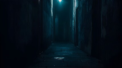 Fototapeta premium Dark Alleyway with Faint Light at the End Creating Suspenseful Atmosphere