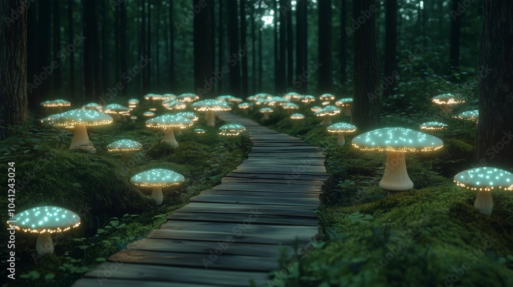 Poster a path through a forest with glowing mushrooms. the mushrooms are lit up and are scattered throughou