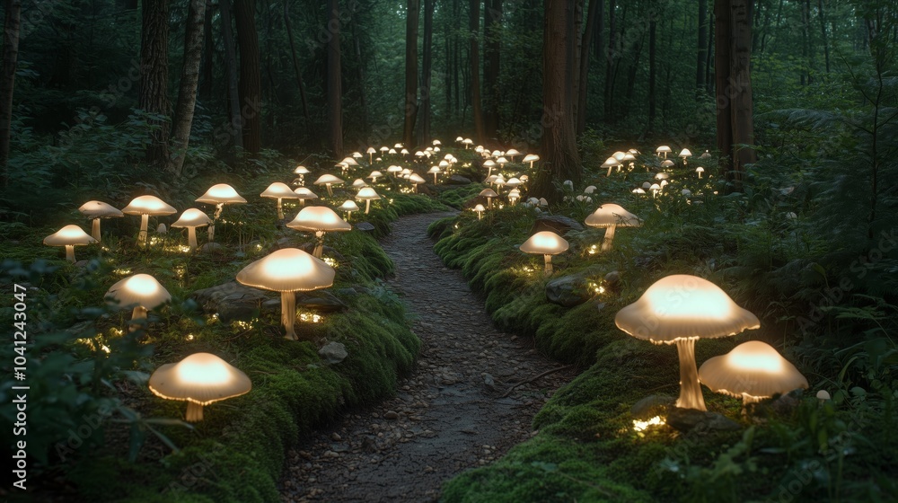Poster a path is lit up with glowing mushrooms. there are many of them, some are lit up and some are not