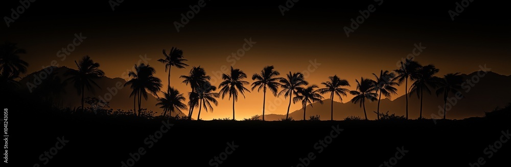 Poster a row of palm trees are silhouetted against a dark sky. the palm trees are tall and spread out acros