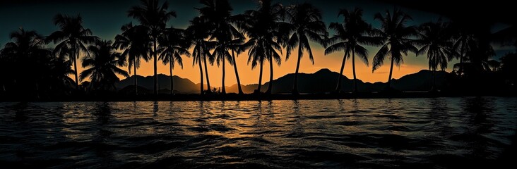 Obraz premium A beautiful sunset over the ocean with palm trees in the background. The water is calm and the sky is a mix of orange and pink hues