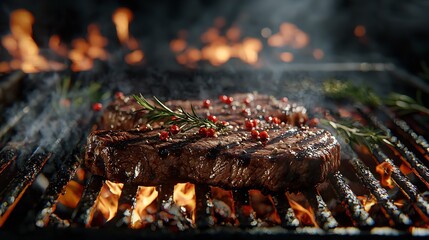 Steaks Grilling Over Open Flame.