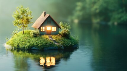 Obraz premium Small house illustration on a tiny green island, surrounded by water, with copy space. The house has a cozy, welcoming feel with soft lighting.