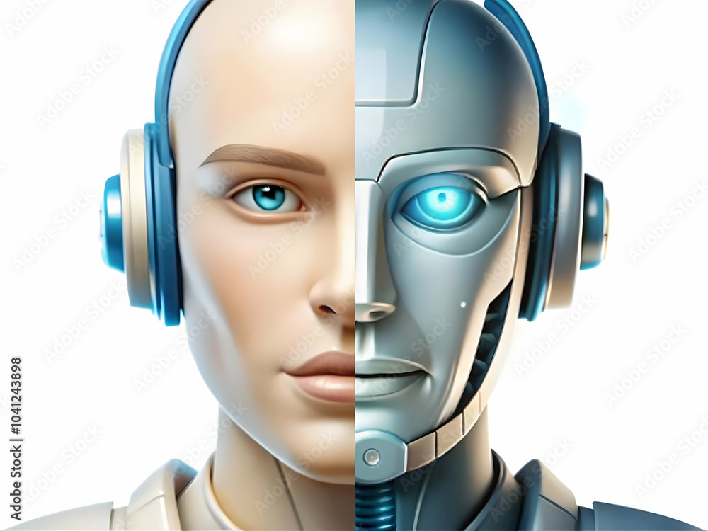 Poster close up ai robot face human face synergy customer support macro image side by side ample copy space