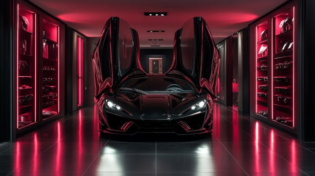 Black Sports Car with Dihedral Doors in a Red-Lit Showroom