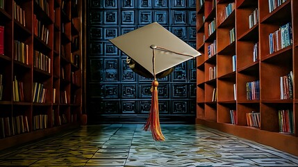 Graduation cap hovering in a glowing otherworldly digital environment representing the innovative and transformative future of education and academia