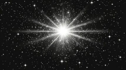 Fototapeta premium Starry burst effect with bright center and scattered shining stars on a transparent backdrop.