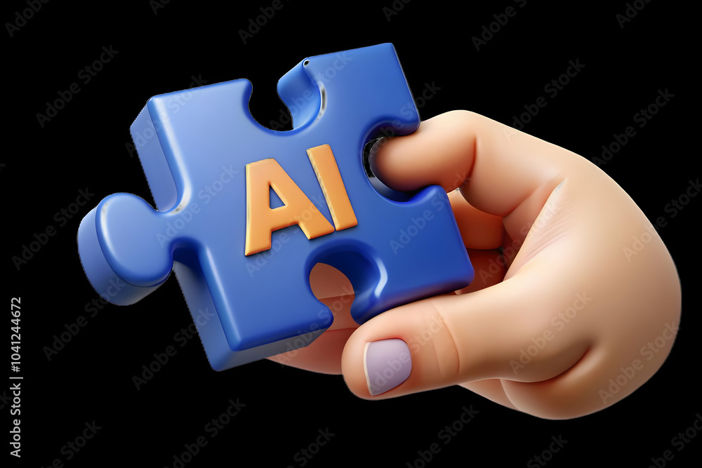 Poster close up hand holding puzzle piece ai symbolizing ai role in customer support solutions macro shot w