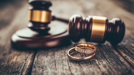 A gavel and two wedding rings on a wooden surface, a concept of divorce.