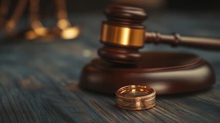 A gavel and two wedding rings on a wooden surface, a concept of divorce.