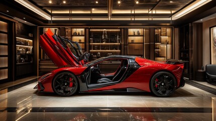 Fototapeta premium Red Sports Car with Opened Door in a Luxurious Garage