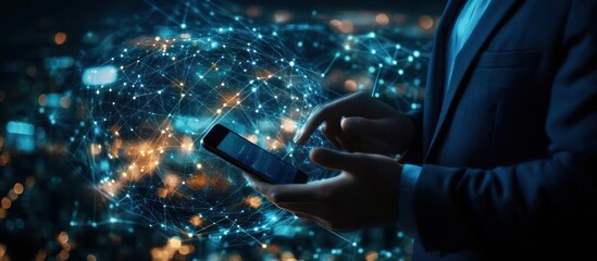 Businessman using smartphone with glowing network connection in background.