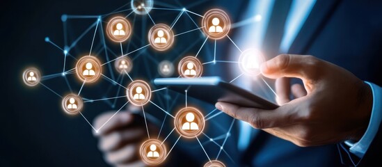 Businessperson using a smartphone to connect with a network of people represented by icons.
