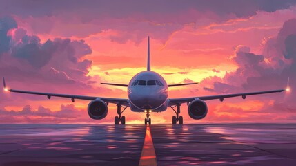 Modern Airplane on Runway at Sunset