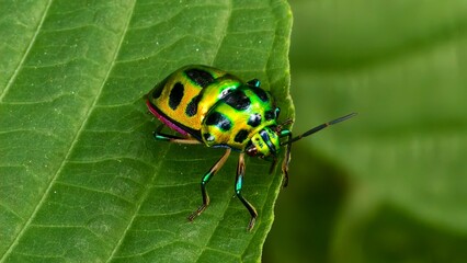 Close-up of a beautiful green beetle resting on a leaf