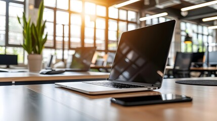 Modern and stylish office interior featuring an organized workspace with a sleek desk, a laptop with blank space, and a smartphone. simple, blank space, professional, efficient, brand, marketing